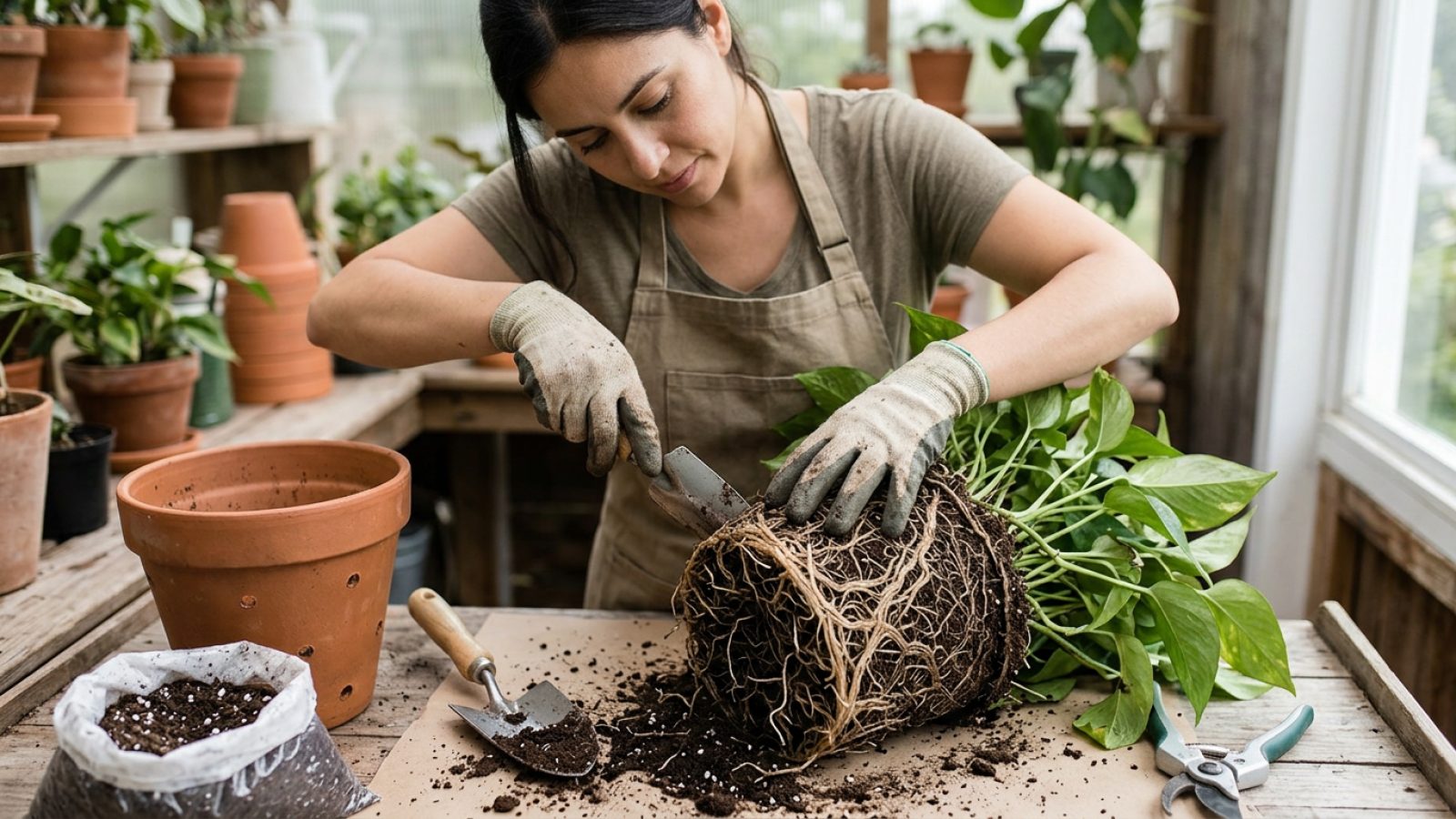 How to Divide an Overgrown Houseplant Root Ball When Repotting